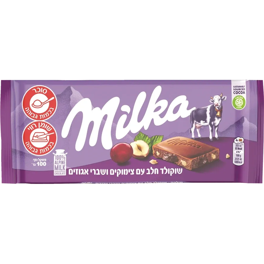 שוקולד חלב עם צימוקים ושברי אגוזים